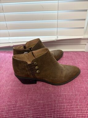 Women's Brown Suede Ankle Booties with Button Accent